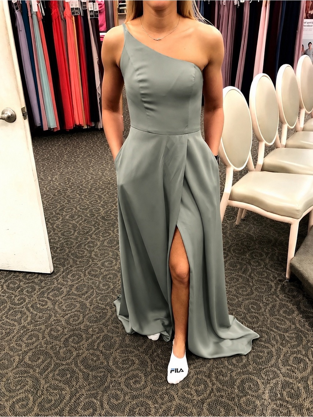 David's Bridal One-Shoulder Sage Green